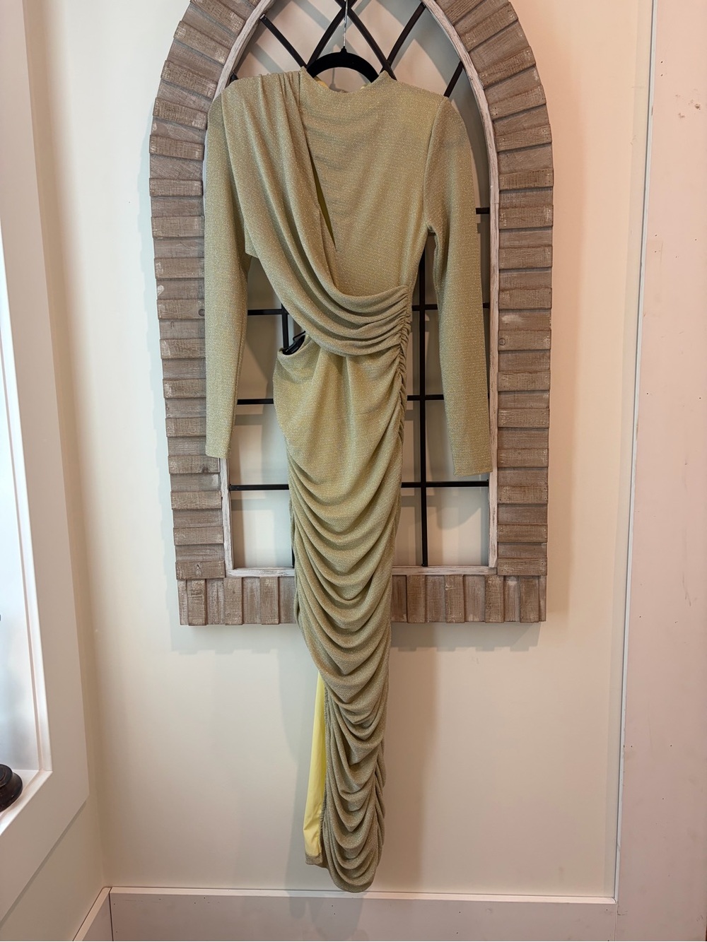 Golden Draped Long-Sleeve Evening Dress